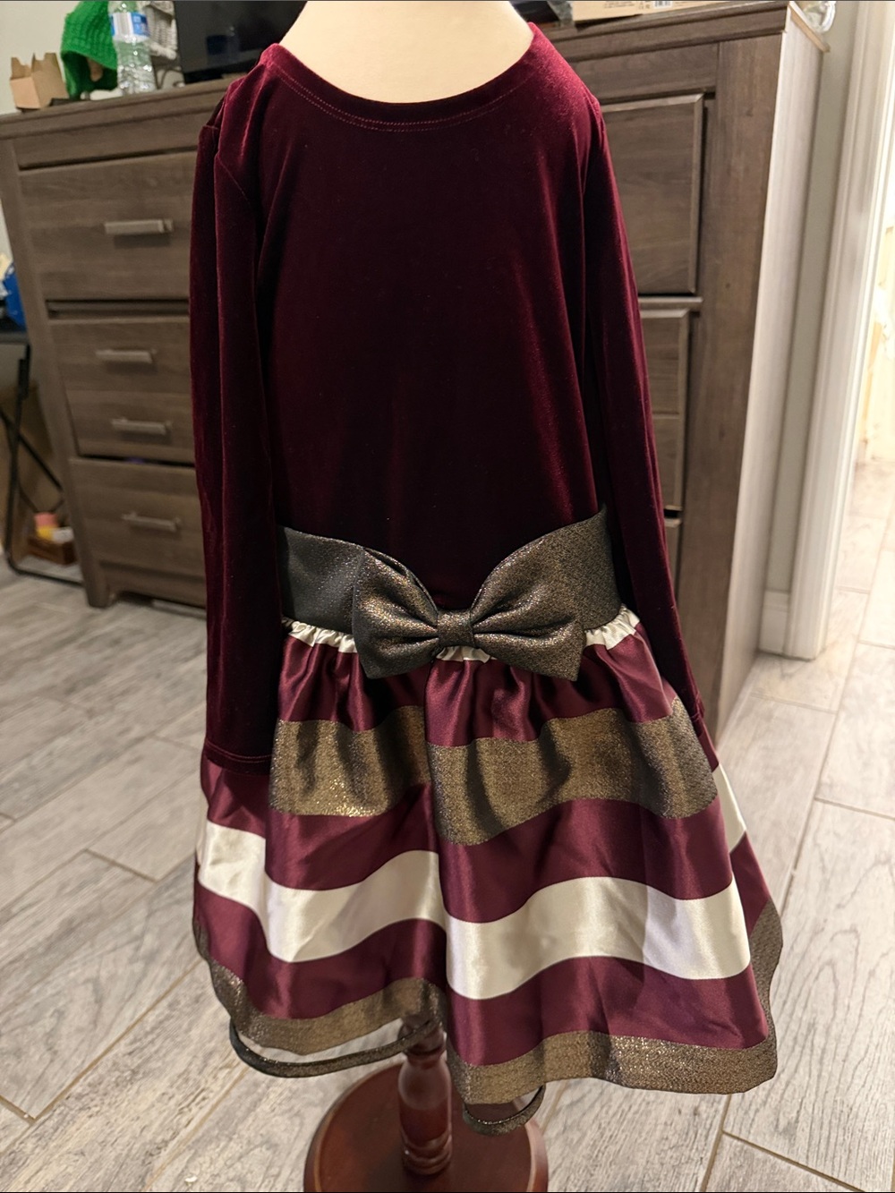 Bonnie Jean Burgundy and Gold Stripe Velvet Bow Holiday Dress